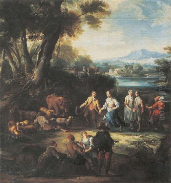 Countryfolk Dancing In An Italianate Landscape Oil Painting by Pietro Domenico Oliviero