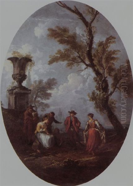 A Couple Dancing To The Music Of A Bagpipe Player In A Classical Landscape Oil Painting by Pietro Domenico Oliviero