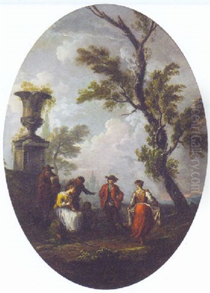 Peasants Dancing In A Landscape By An Ornamental Urn Oil Painting by Pietro Domenico Oliviero