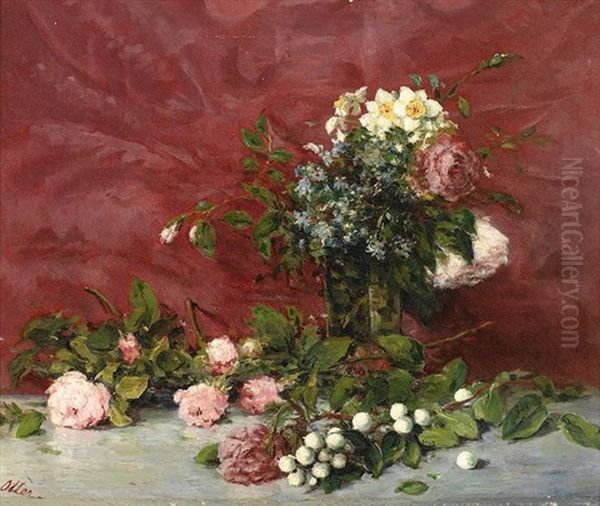 Blumenstilleben Mit Rosen, Narzissen Etc. Vor Rotem Tapetenhintergrund Oil Painting by Francisco Manuel Oller y Cestero