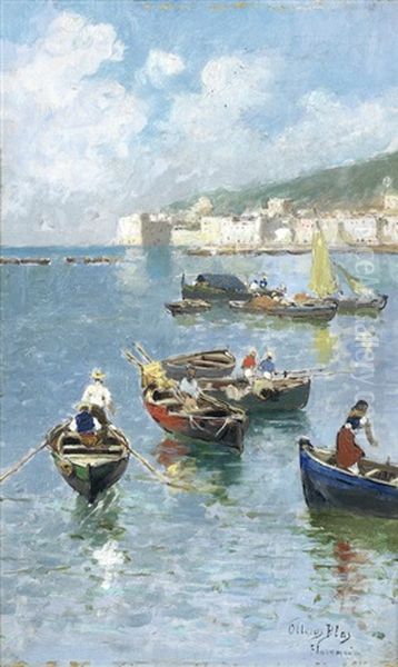 Rowing Boats Off The Coast Oil Painting by Blas Olleros Y Quintana