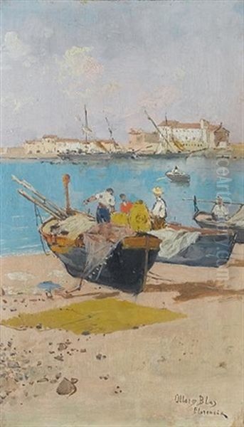 Boats By A Jetty Oil Painting by Blas Olleros Y Quintana