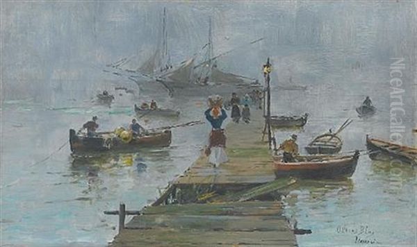 Figures By A Quay Oil Painting by Blas Olleros Y Quintana