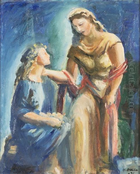 Mother And Daughter Oil Painting by Yrjoe Ollila