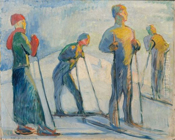 Skiers Oil Painting by Yrjoe Ollila