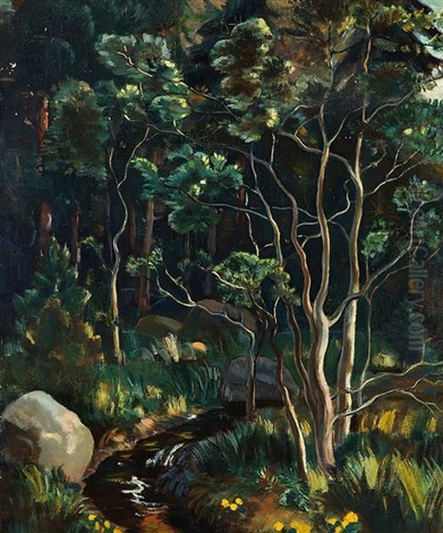 Forest Oil Painting by Yrjoe Ollila