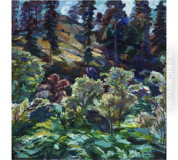 Forest Slope Oil Painting by Yrjoe Ollila