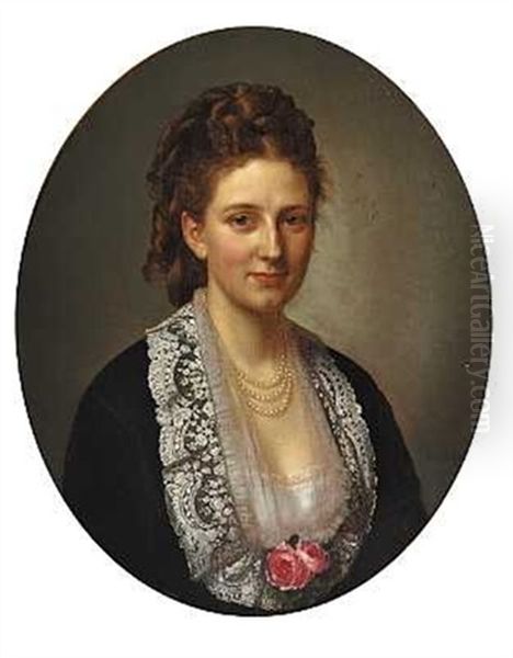 Portraet Af Caroline Charlotte Suhr I Mork Kjole Med Blondekrave Og Lyserode Roser Ved Udskaeringen Oil Painting by Henrik Benedikt Olrik