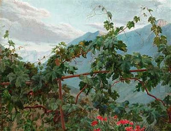 Parti Fra Civita D'antino Med Vinstokke Og Blomster Oil Painting by Henrik Benedikt Olrik