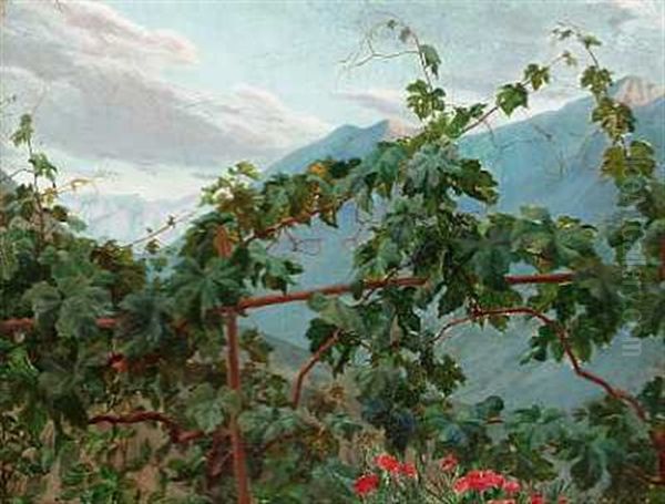 Parti Fra Civita D'antino Med Vinstokke Og Blomster Oil Painting by Henrik Benedikt Olrik