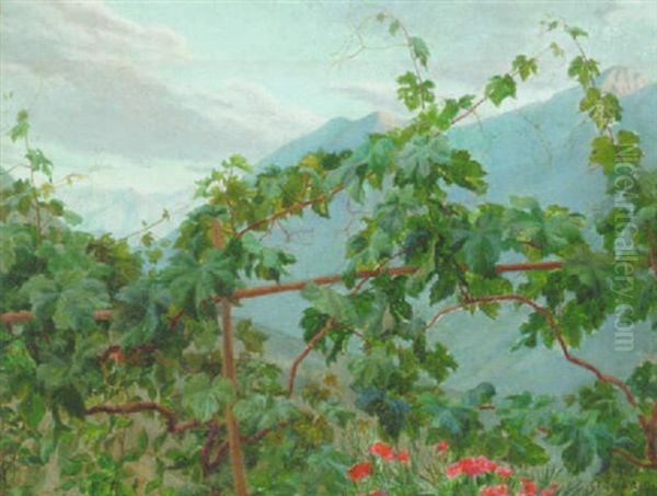 Parti Fra Civita D'antino Med Vinstokke Og Blomster Oil Painting by Henrik Benedikt Olrik