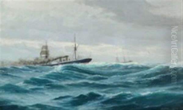 Marine With Steamship In Heavy Seas Oil Painting by Alfred Olsen