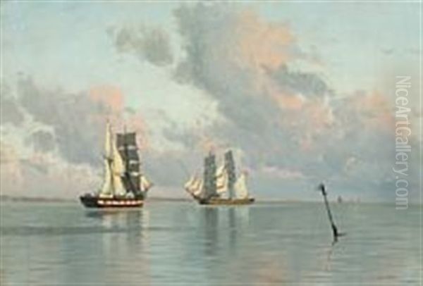 Sailing Ships In Calm On The Coast Oil Painting by Alfred Olsen