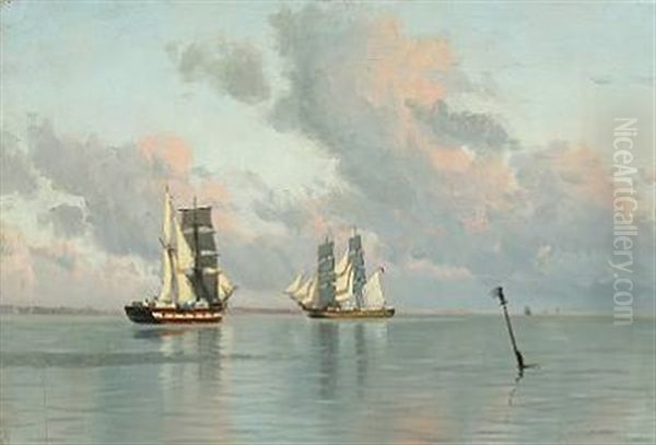 Sailing Ships In Calm On The Coast by Alfred Olsen