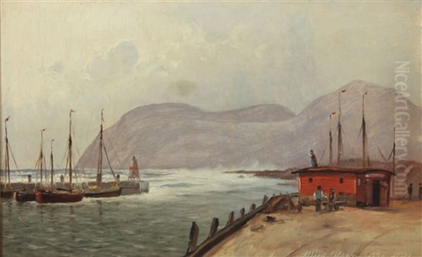 Coastal Scenery From Kullen With Ships At A Pier Oil Painting by Alfred Olsen