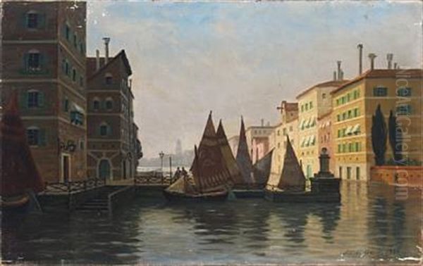 Scenery From Venice With Dinkys By A Dock Oil Painting by Alfred Olsen