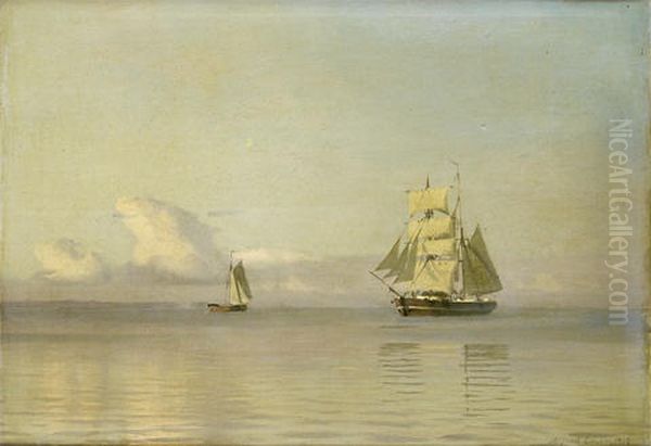 A Brigantine Almost Becalmed In A Faint Breeze Oil Painting by Alfred Olsen