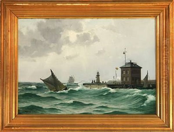 Marine With Sailing Ships In Heavy Sea Near A Mole Oil Painting by Alfred Olsen