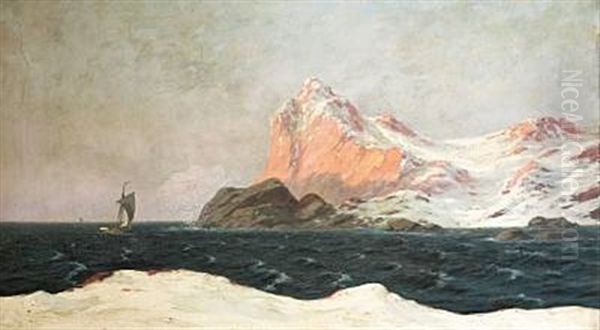 Landscape With Snow-covered Mountains And Ships On The Sea Oil Painting by Alfred Olsen