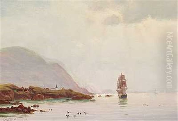 Marine Med Sejlskib Ud For En Klippekyst (norge?) Oil Painting by Alfred Olsen