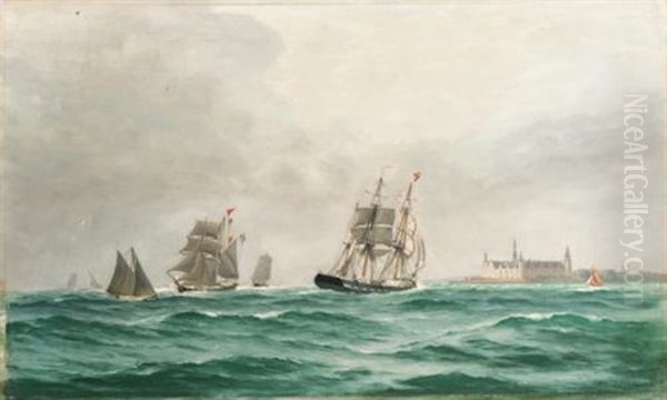 Danish Ships Sailing Near Kronberg Castle Oil Painting by Alfred Olsen