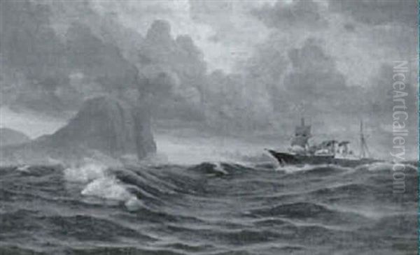 Marine Med Skib Ud For Klippekyst Oil Painting by Alfred Olsen