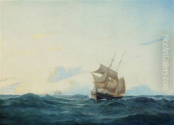 Seascape With Sailing Ship In Rough Seas Oil Painting by Carl Julius Emil Olsen