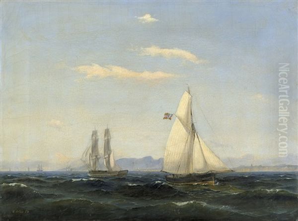 Segelschiffe Auf Der See Vor Einer Kuste Im Sommer by Carl Julius Emil Olsen