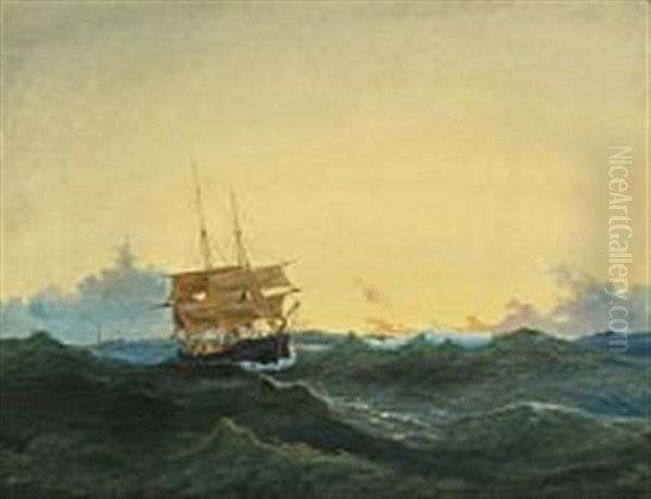 Marine With Sailboat In Rough Seas, In The Background A Lighthouse Oil Painting by Carl Julius Emil Olsen