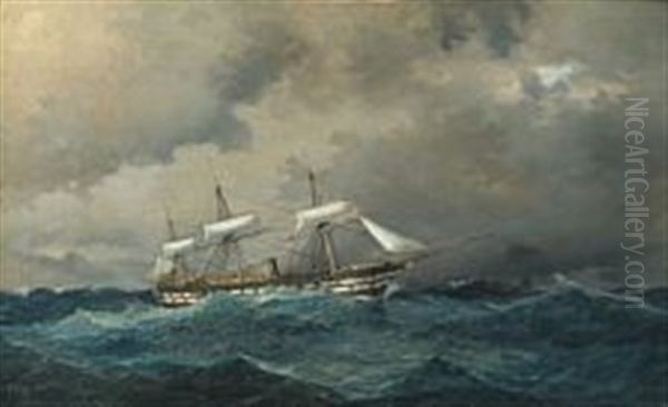 Seascape With Navy Ship In Heavy Seas Oil Painting by Carl Julius Emil Olsen