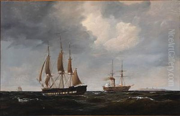 Seascape With Sailing Ships Oil Painting by Carl Julius Emil Olsen