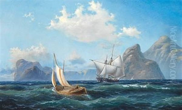 Seascape With Sailing Ships, In The Background Mountains Oil Painting by Carl Julius Emil Olsen