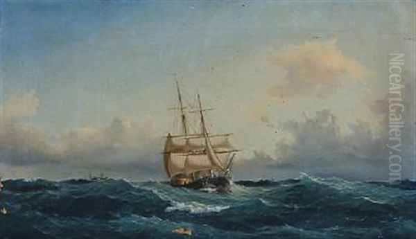 Seascape With A Brig Oil Painting by Carl Julius Emil Olsen