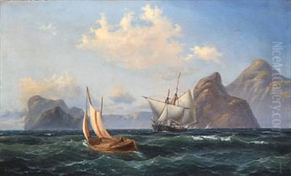 Seascape With A Boat And A Ship Out Shore A Rocky Coast, Presumably In Southern Europe Oil Painting by Carl Julius Emil Olsen