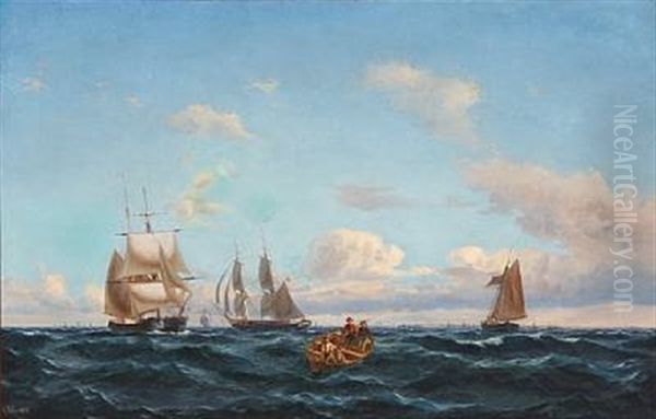 Seascape With Lively Traffic In Oresund And Copenhagen In The Background Oil Painting by Carl Julius Emil Olsen