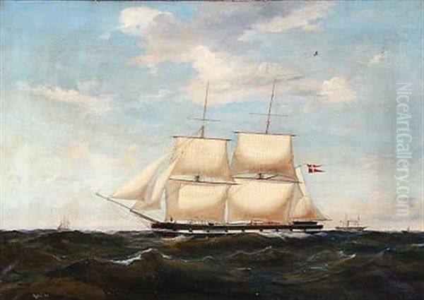 Seascape With A Danish Ship Of The Line Oil Painting by Carl Julius Emil Olsen