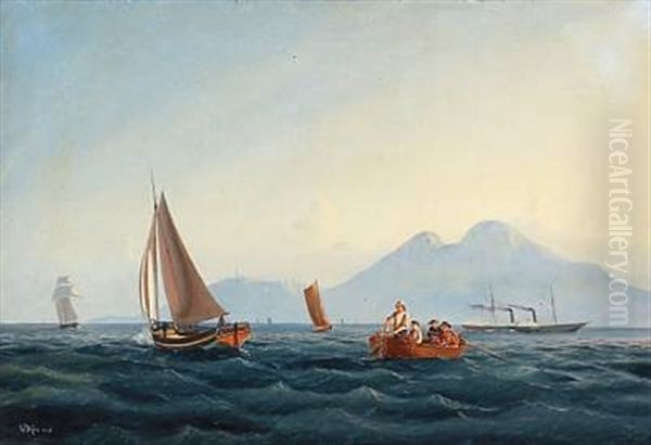 Seascape With Fishermen Looking For Their Fishing Nets At Sea Oil Painting by Carl Julius Emil Olsen