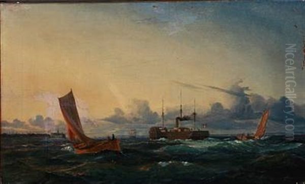 Paddle Steamers And Sailing Ships Near Kronborg Castle Oil Painting by Carl Julius Emil Olsen