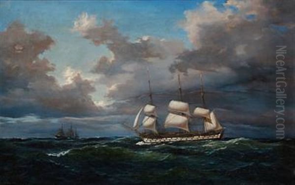 Seascape With A Ship Of The Line In High Waves Oil Painting by Carl Julius Emil Olsen