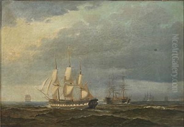 Marine With Sailing- And Warships Oil Painting by Carl Julius Emil Olsen