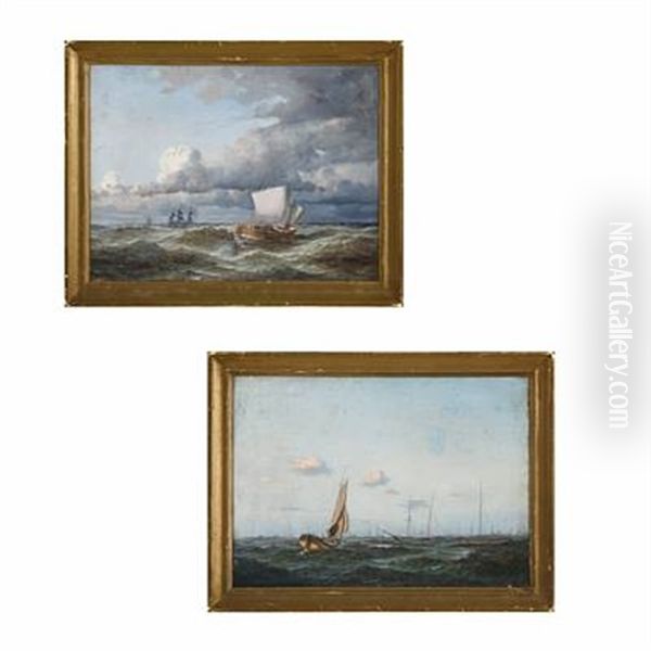 Seascapes With Sailing Ships (2 Works) Oil Painting by Carl Julius Emil Olsen