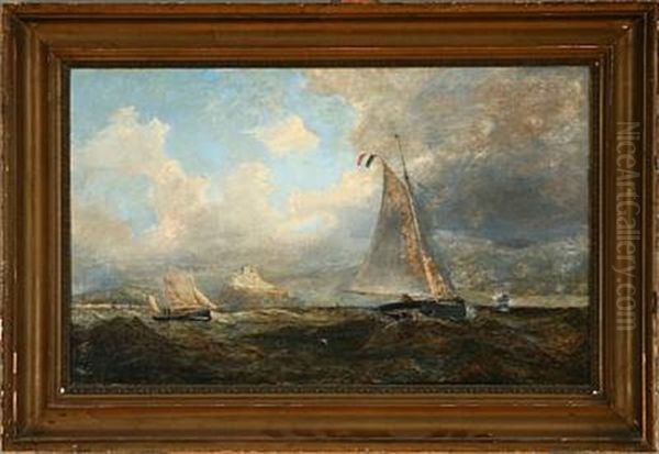 Marine With Sailing Ships Passing A Rocky Coast In Southern Europe Oil Painting by Carl Julius Emil Olsen