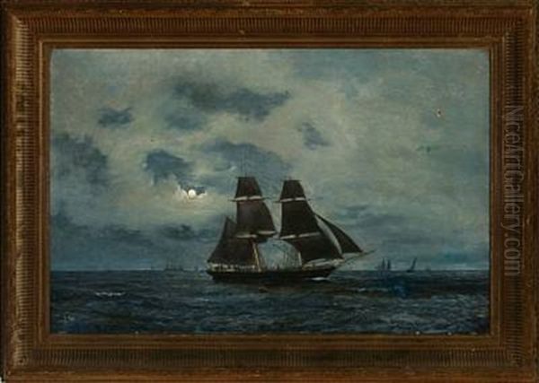 Seascape With Sailing Ships, Evening Oil Painting by Carl Julius Emil Olsen