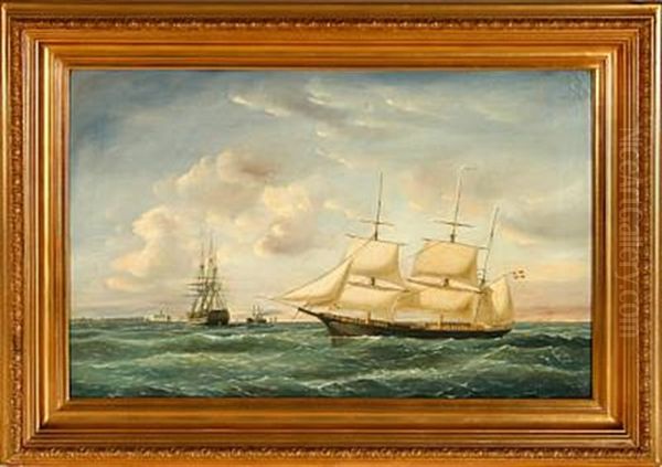 Danish Marine With Sailing Ships Off The Coast Of Elsinore Castle Oil Painting by Carl Julius Emil Olsen