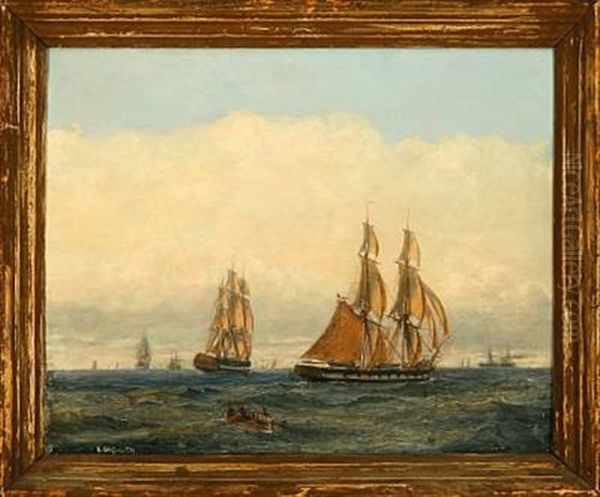 Marine With Several Ships On Open Sea Oil Painting by Carl Julius Emil Olsen