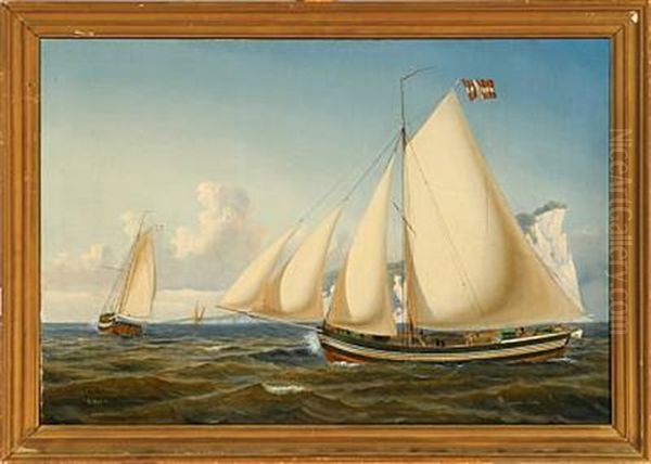 Ship Portrait Of The Danish Packet Boat "christine Marie" Passing The Cliffs On Mon Oil Painting by Carl Julius Emil Olsen