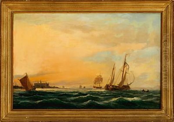 Marine With Several Sailing Ships In The Sound Off The Coast Of Elsinore Castle In The Late Evening Sun Oil Painting by Carl Julius Emil Olsen