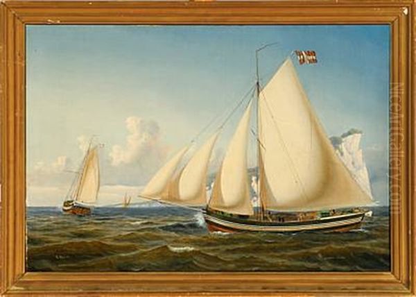 Ship Portrait Of The Danish Packet Boat "christine Marie" Passing The Cliffs On Mon by Carl Julius Emil Olsen