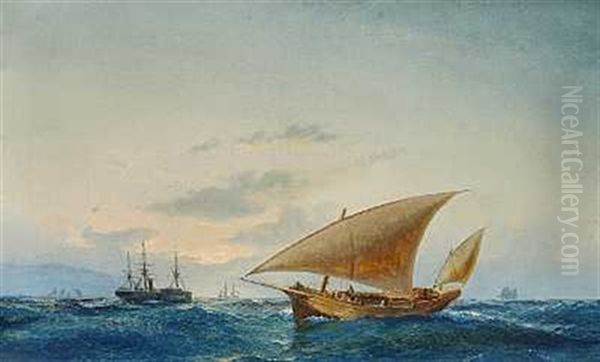 Marine Med Sejlskibe I Middelhavet Oil Painting by Carl Julius Emil Olsen