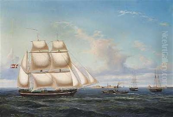 Marine Med Sejlskibe Oil Painting by Carl Julius Emil Olsen